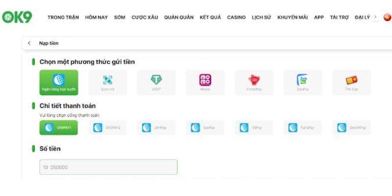 Nạp tiền OK9 qua ngân hàng trực tuyến tiện lợi cho hội viên